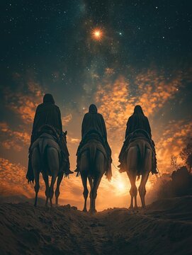 the three wise men enter Bethlehem riding high atop their camels, following the star at night, cinematic still, biblical epic