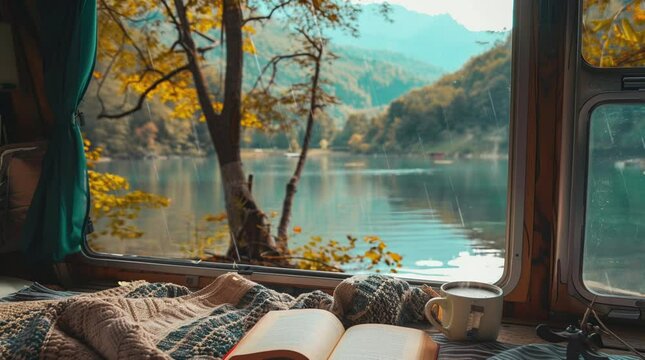 An opened book resting on a windowsill, offering a peaceful view of a serene lake landscape, perfect for moments of reflection and r Seamless looping 4k time-lapse virtual video animation Generated AI