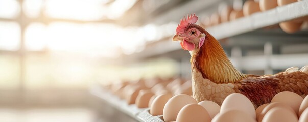 A hen resting among a collection of fresh eggs in a well-lit farm setting, embodying the essence of poultry farming and animal husbandry.