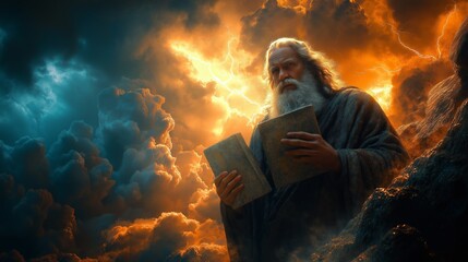  Moses on Mount Sinai Lifting the Ten Commandments as Storm Clouds and Lightning Surround Him, Symbolizing Divine Power and Revelation