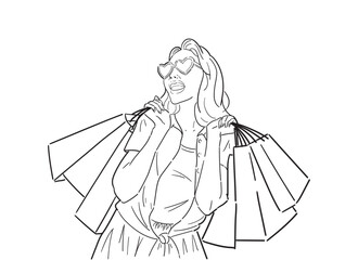 Outline illustration of happy woman with shopping bags, shopping happily in retro style, happy shopping, vector line art.