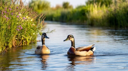 Family of ducks paddling in a clean river, gentle ripples, reeds and wildflowers on the banks, a peaceful and idyllic scene