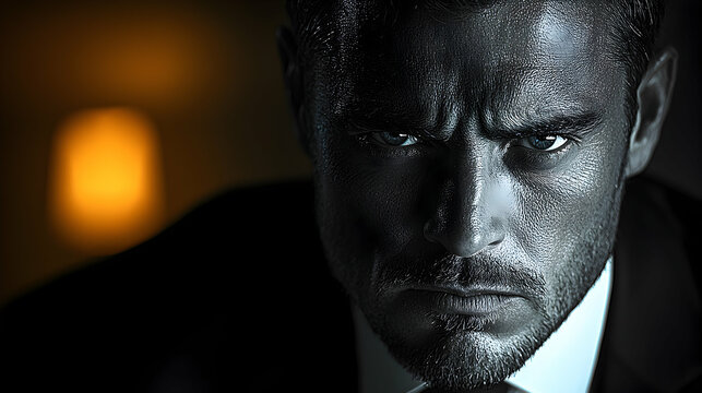 Portrait of a man in a dark suit, standing rigidly with his jaw clenched and eyes narrowed, exuding quiet but intense anger, the lighting emphasizing the tension in his face