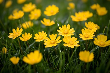 Fototapeta premium Yellow Wildflowers in Lush Green Grass with Dew Drops