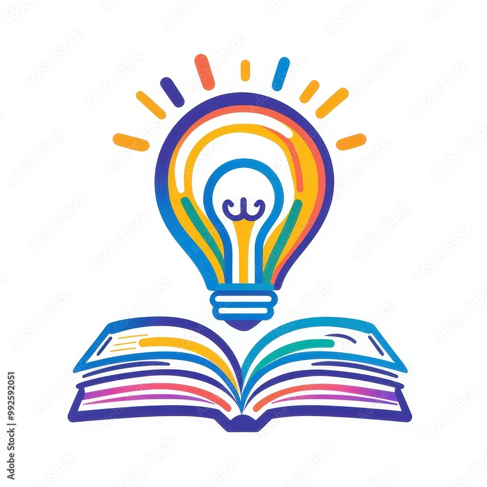 Poster a minimalistic pictogram featuring a book and a lightbulb, symbolizing the fusion of learning and id