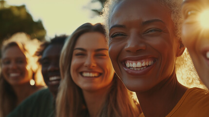 Fototapeta premium Close-up of diverse people smiling brightly outdoors, warm sunlight enhancing their happy expressions, soft focus on faces, vibrant and joyful atmosphere, natural background of trees and sky