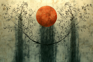 A painting of a tree with a red sun in the background