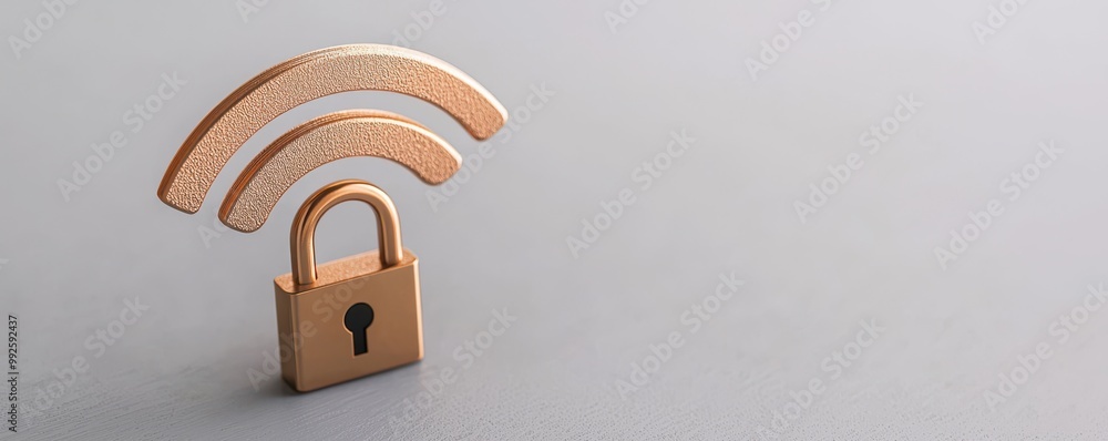 Poster a modern representation of internet security featuring a padlock and wireless signals on a neutral b