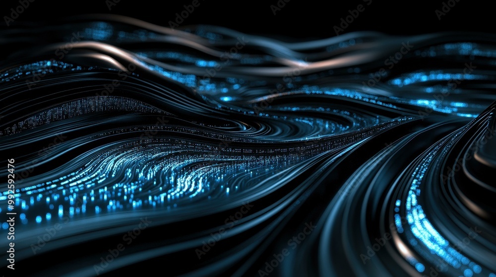 Poster experience a striking contrast with a black backdrop and dynamic blue code streams flowing in captiv