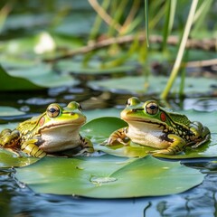 Frogs resting on lily pads, gentle ripples, clear river water, surrounded by reeds and overhanging branches, a peaceful ecosystem