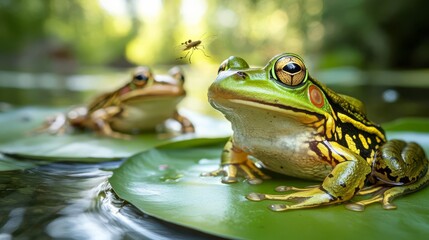 Frogs resting on lily pads in a clear river, sunlight filtering through tree branches, insects buzzing, a vibrant natural habitat