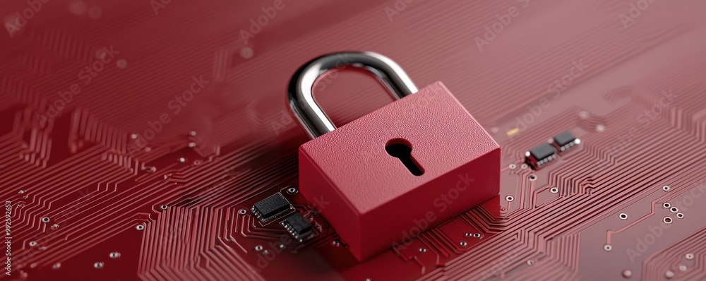 Poster a red padlock on a circuit board background, symbolizing digital security and data protection in tec