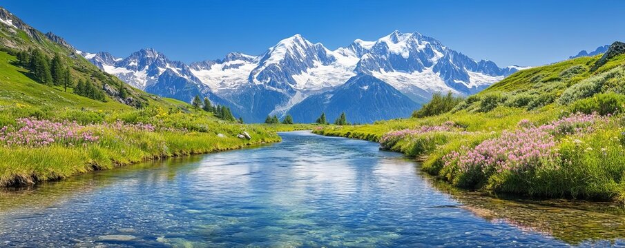 Mountain river with crystal-clear water, snow-capped peaks in the background, wildflowers blooming along the banks, untouched and pure nature