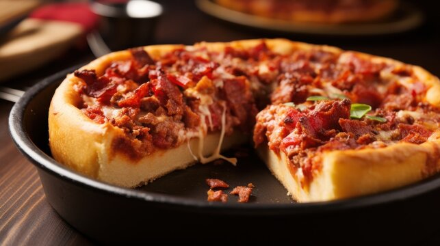 A delicious deep-dish Chicago-style pizza, loaded with toppings, and with oozing cheese teasingly stretched from a generous slice.