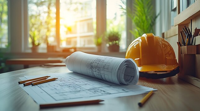 A neatly rolled blueprint with pencils scattered around and a hard hat staged beside it, set against a minimalist architectural workspace.