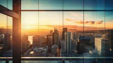 A radiant urban sunset view framed by modern glass buildings, casting a golden hue over a bustling cityscape below.