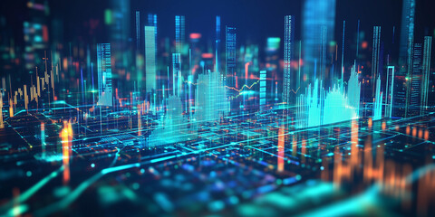 Obraz premium A digital cityscape where holographic layers of data are overlaid on the city, with graphs, charts, and lines symbolizing real-time data monitoring