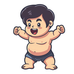 Obraz premium A happy cartoon boy with a large belly and a big smile, with arms raised in celebration.