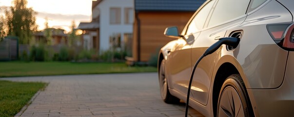 An electric vehicle is parked at home, charging in the evening light, showcasing modern sustainability and eco-friendly transport.