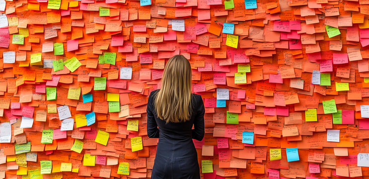 Sticky Note Post It Board Office. Business people meeting at office and use post it notes to share idea. Brainstorming concept. Sticky note on glass wall or blackboard. Set of colorful blank notes. 