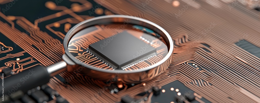 Poster microchip under a magnifying glass, showcasing intricate circuitry details on a printed circuit boar