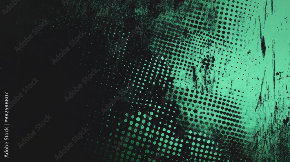 Poster black and green halftone background with grungy dots