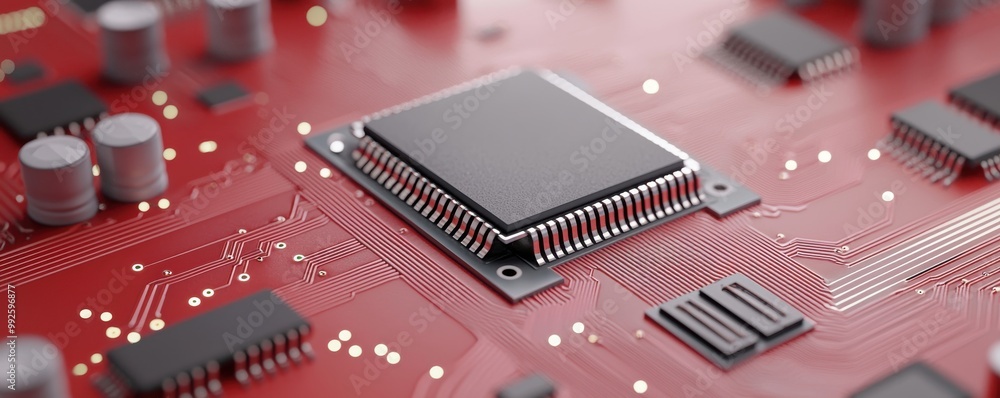 Poster a microprocessor on a red circuit board, highlighting intricate details of technology and innovation