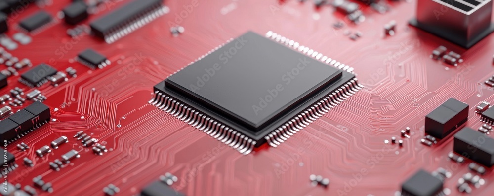 Poster detailed close-up of a microprocessor on a vibrant red circuit board, showcasing intricate electroni