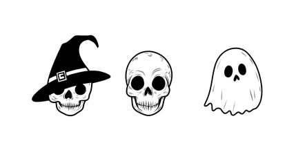 Fototapeta premium Simplified Halloween Symbols Featuring a Skull, Witch Hat, Crescent Moon, and Ghost with Clean Lines in Monochrome Design on a White Background. Ideal for Spooky Celebrations and Seasonal Decor