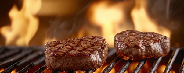 Juicy steak grilling over a vibrant flame, showcasing perfect grill marks and mouthwatering texture, ideal for culinary promotions.