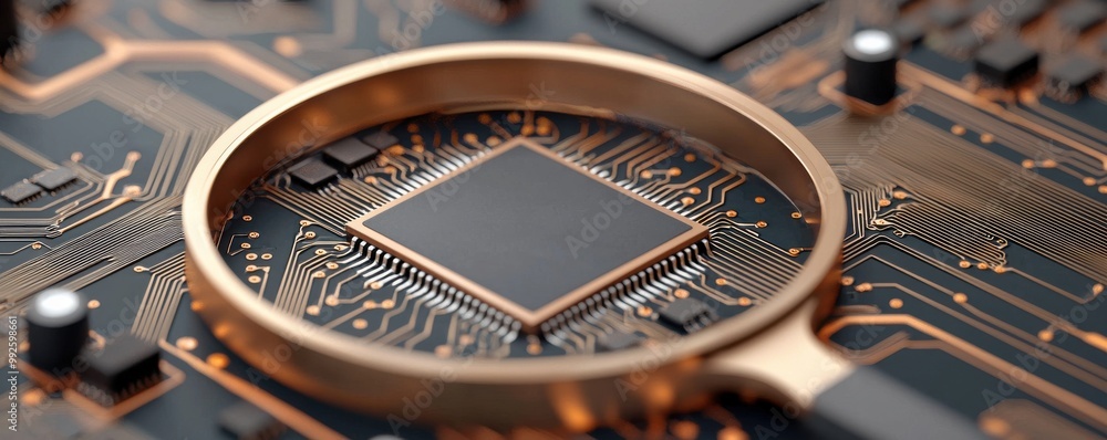 Poster macro view of a circuit board featuring a microchip under a magnifying glass, showcasing advanced te