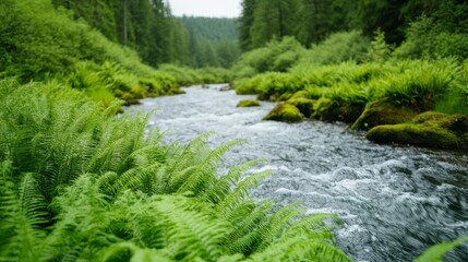 Obraz premium Pristine river with small rapids, surrounded by green ferns, moss-covered rocks, a perfect and natural wilderness experience