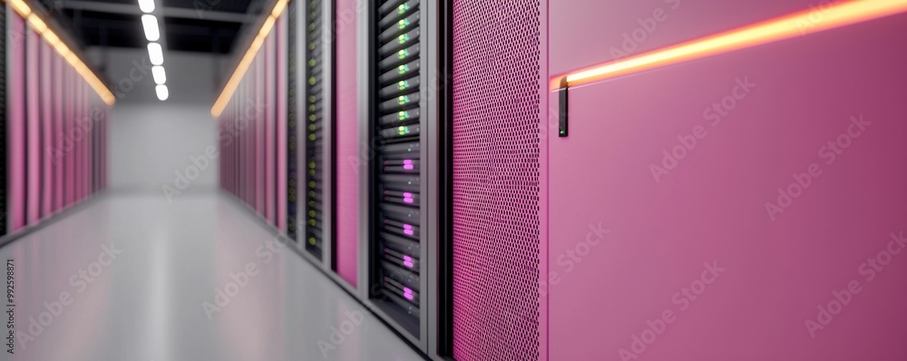 Poster modern data center corridor with sleek design and illuminated server racks, showcasing advanced tech