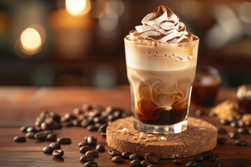 A decadent coffee drink served in a glass featuring whipped cream