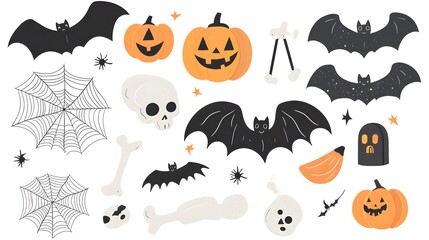 Fototapeta premium Vector Halloween Elements Including Bats, Spider Webs, Pumpkins, and Bones in a Flat Style with Simple Design Isolated on White Background. Perfect for Seasonal Decor and Festive Celebrations
