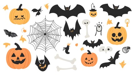 Fototapeta premium Vector Halloween Elements Including Bats, Spider Webs, Pumpkins, and Bones in a Flat Style with Simple Design Isolated on White Background. Perfect for Seasonal Decor and Festive Celebrations