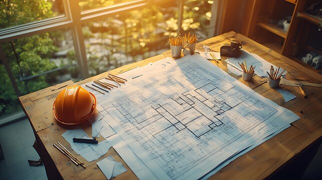 A top-down view of a creative workspace with blueprints in disarray, pencils scattered across the desk, and a hard hat placed beside it.