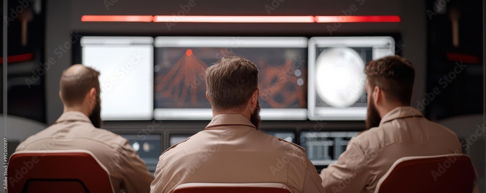 Poster team of scientists reviewing predictive insights from ai analytics on a hightech dashboard filled wi