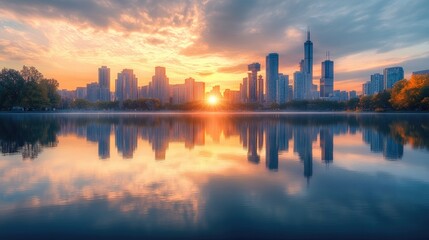Fototapeta premium A city skyline reflecting on a tranquil lake during sunset, creating a peaceful and harmonious scene.