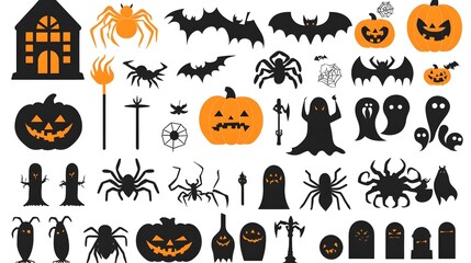 Minimal Halloween Icons Featuring Pumpkins, Spiders, and Ghosts in a Modern and Clean Design with Black and Orange Colors on a White Background. Perfect for Seasonal Decor and Celebrations