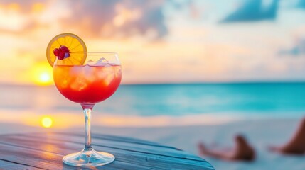 A beautifully garnished cocktail glass sits on a beachside table, with friends gathered around, toes in the sand, as they toast to a perfect sunset.
