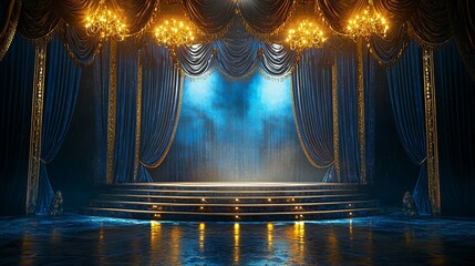 An elegant stage with a plush velvet platform and soft golden spotlights, The curtains are dark blue with intricate patterns