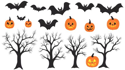 Simplistic Halloween Designs Featuring Black Bats, Spooky Trees, and Glowing Pumpkins in a Vector Style Against a Clear White Background. Ideal for Festive Decorations and Halloween Themes