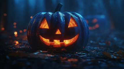 A pumpkin with a smiley face and a light inside of it