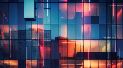 The facade of a modern building glows with vibrant, colorful lights as dusk falls, reflecting the urban landscape and creating a striking visual effect.
