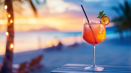A beautifully garnished cocktail glass sits on a beachside table, with friends gathered around, toes in the sand, as they toast to a perfect sunset.