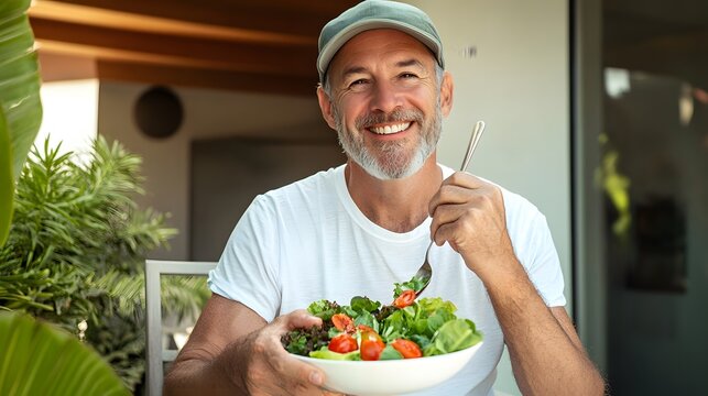 A smiling man holds a bowl of salad while seated outdoors, enjoying a healthy meal surrounded by greenery.