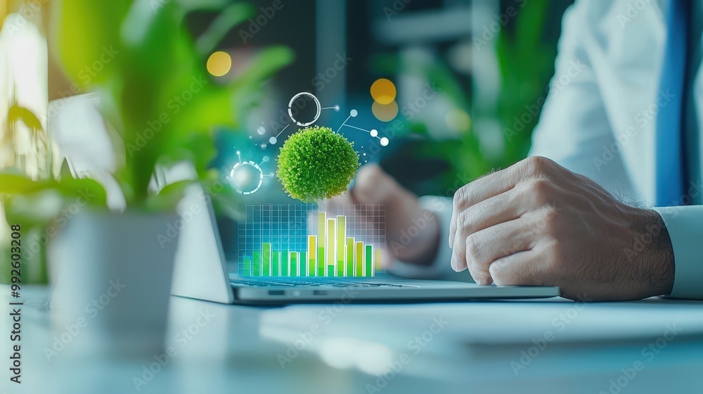 Poster a business professional analyzes data on a laptop while visualizing growth concepts through a sustai
