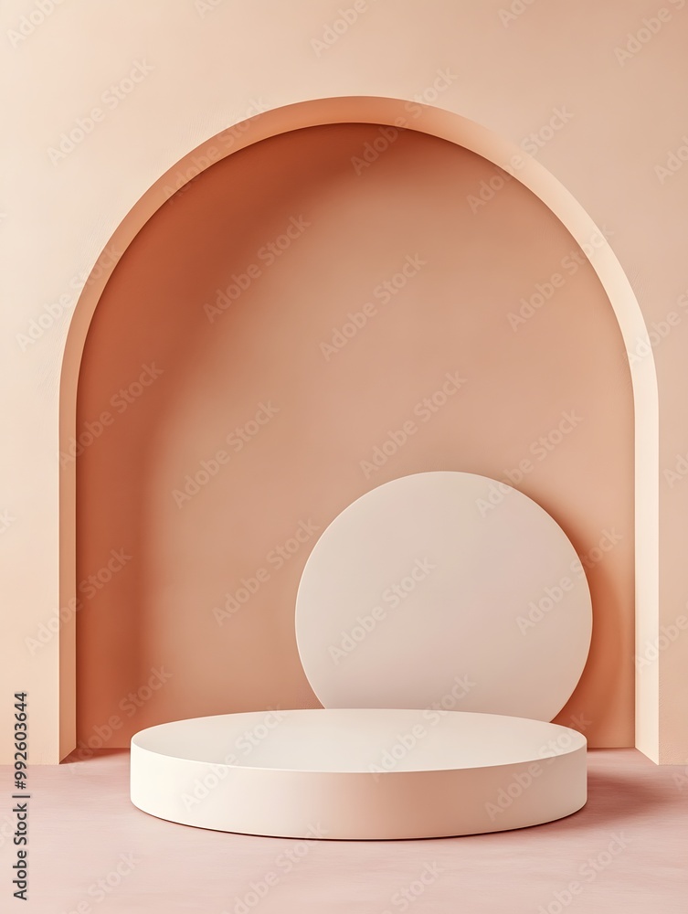 Poster soft pastel backdrop featuring a curved arch with circular forms, creating a minimalist and modern s