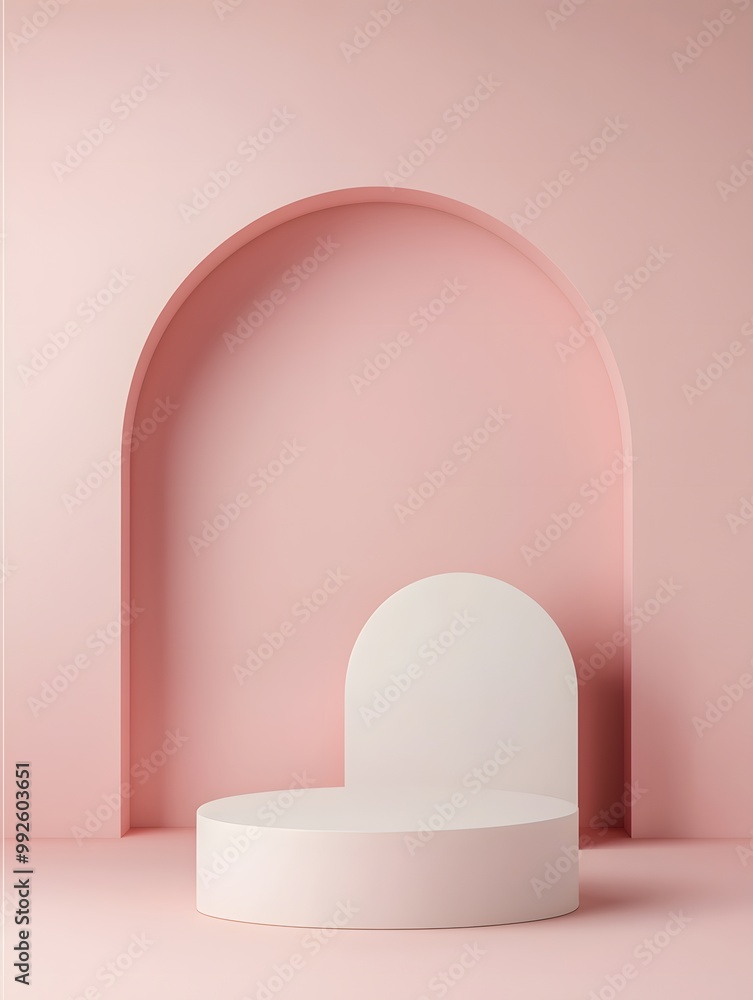 Poster a minimalist design featuring a soft pink background with a curved arch and a round, white seating a